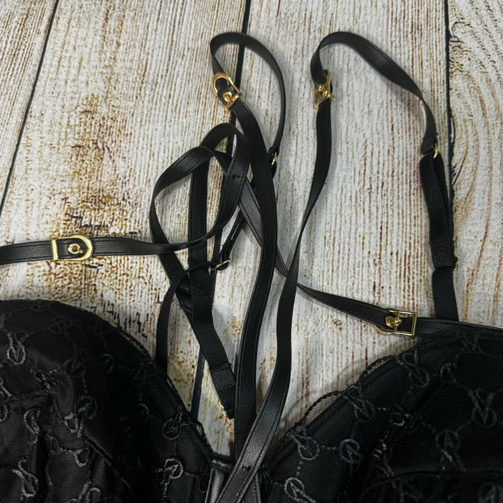 NWT Victoria's Secret Teddy Very Sexy VS Logo Balconette Faux-Leather Trim XXL